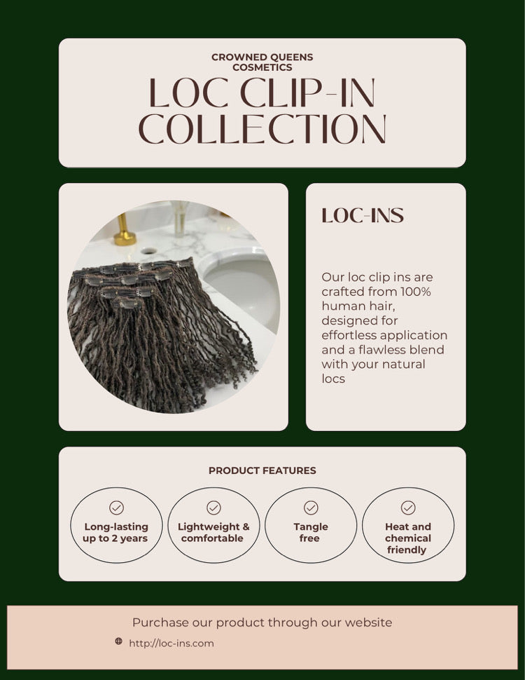Loc-Ins clip-in extension collection promotional flyer stating that they are crafted from 100% human hair.